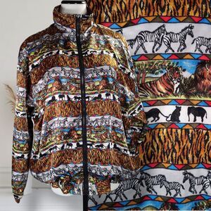 Vintage Safari Panel Print Bomber Jacket Mens Size L Fully Zip Pockets Nylon